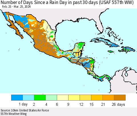 Mexico Central America and the Caribbean Number of Days Since a Rain Day in past 30 days (USAF 557th WW) Thematic Map For 3/21/2024 - 3/25/2024