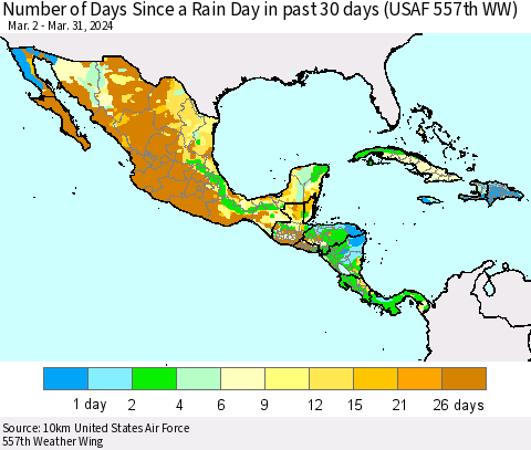 Mexico Central America and the Caribbean Number of Days Since a Rain Day in past 30 days (USAF 557th WW) Thematic Map For 3/26/2024 - 3/31/2024