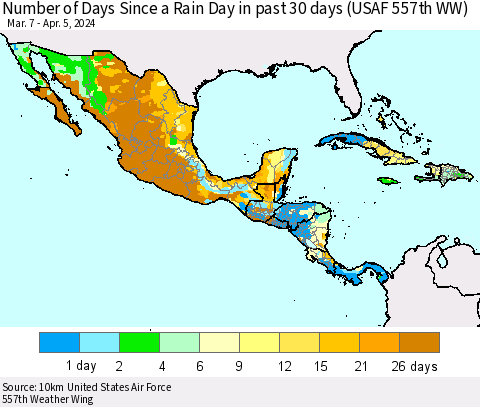 Mexico Central America and the Caribbean Number of Days Since a Rain Day in past 30 days (USAF 557th WW) Thematic Map For 4/1/2024 - 4/5/2024