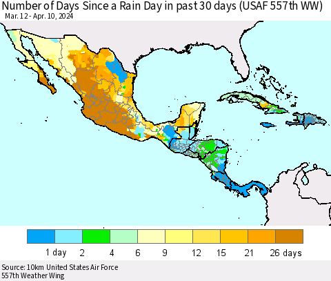 Mexico Central America and the Caribbean Number of Days Since a Rain Day in past 30 days (USAF 557th WW) Thematic Map For 4/6/2024 - 4/10/2024