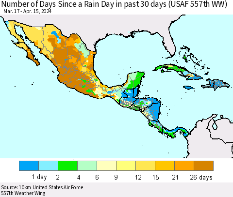 Mexico Central America and the Caribbean Number of Days Since a Rain Day in past 30 days (USAF 557th WW) Thematic Map For 4/11/2024 - 4/15/2024