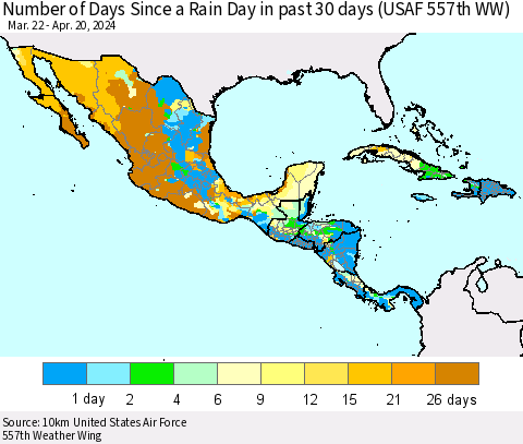Mexico Central America and the Caribbean Number of Days Since a Rain Day in past 30 days (USAF 557th WW) Thematic Map For 4/16/2024 - 4/20/2024