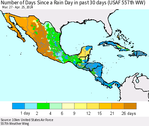 Mexico Central America and the Caribbean Number of Days Since a Rain Day in past 30 days (USAF 557th WW) Thematic Map For 4/21/2024 - 4/25/2024