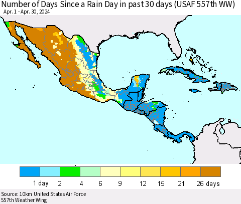 Mexico Central America and the Caribbean Number of Days Since a Rain Day in past 30 days (USAF 557th WW) Thematic Map For 4/26/2024 - 4/30/2024