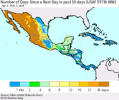 Mexico Central America and the Caribbean Number of Days Since a Rain Day in past 30 days (USAF 557th WW) Thematic Map For 5/1/2024 - 5/5/2024