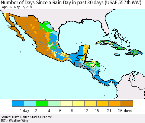 Mexico Central America and the Caribbean Number of Days Since a Rain Day in past 30 days (USAF 557th WW) Thematic Map For 5/11/2024 - 5/15/2024
