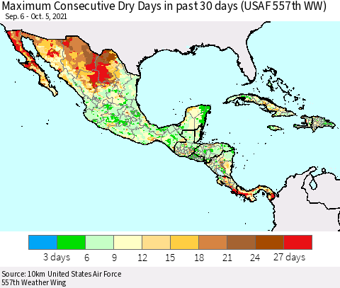 Mexico Central America and the Caribbean Maximum Consecutive Dry Days in past 30 days (USAF 557th WW) 10/05/2021 Thematic Map For 10/1/2021 - 10/5/2021