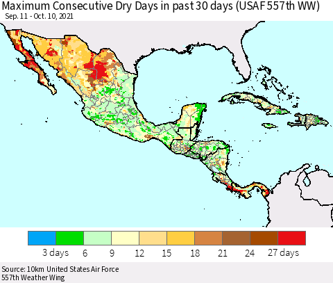 Mexico Central America and the Caribbean Maximum Consecutive Dry Days in past 30 days (USAF 557th WW) 10/10/2021 Thematic Map For 10/6/2021 - 10/10/2021