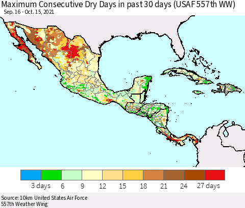 Mexico Central America and the Caribbean Maximum Consecutive Dry Days in past 30 days (USAF 557th WW) 10/15/2021 Thematic Map For 10/11/2021 - 10/15/2021