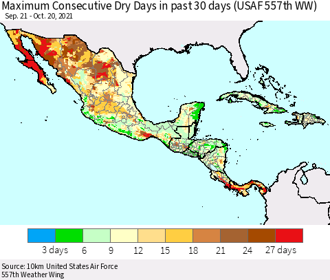 Mexico Central America and the Caribbean Maximum Consecutive Dry Days in past 30 days (USAF 557th WW) 10/20/2021 Thematic Map For 10/16/2021 - 10/20/2021