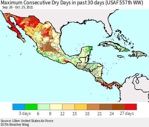 Mexico Central America and the Caribbean Maximum Consecutive Dry Days in past 30 days (USAF 557th WW) 10/25/2021 Thematic Map For 10/21/2021 - 10/25/2021