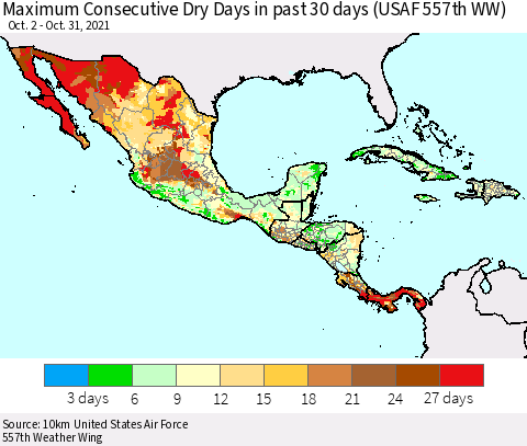 Mexico Central America and the Caribbean Maximum Consecutive Dry Days in past 30 days (USAF 557th WW) 10/31/2021 Thematic Map For 10/26/2021 - 10/31/2021