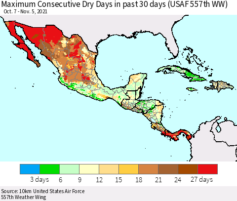 Mexico Central America and the Caribbean Maximum Consecutive Dry Days in past 30 days (USAF 557th WW) 11/05/2021 Thematic Map For 11/1/2021 - 11/5/2021
