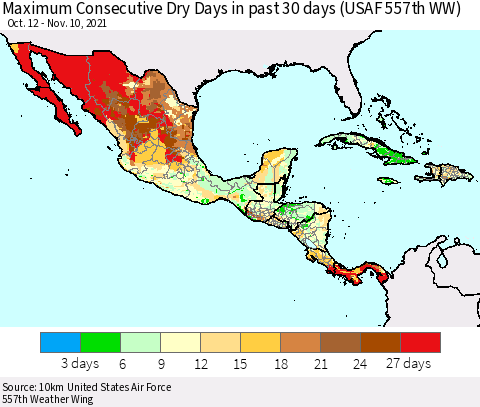Mexico Central America and the Caribbean Maximum Consecutive Dry Days in past 30 days (USAF 557th WW) 11/10/2021 Thematic Map For 11/6/2021 - 11/10/2021
