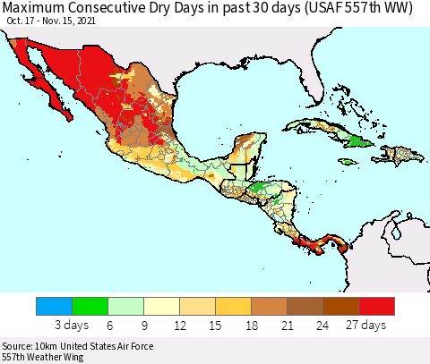 Mexico Central America and the Caribbean Maximum Consecutive Dry Days in past 30 days (USAF 557th WW) 11/15/2021 Thematic Map For 11/11/2021 - 11/15/2021