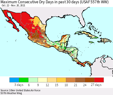 Mexico Central America and the Caribbean Maximum Consecutive Dry Days in past 30 days (USAF 557th WW) 11/20/2021 Thematic Map For 11/16/2021 - 11/20/2021