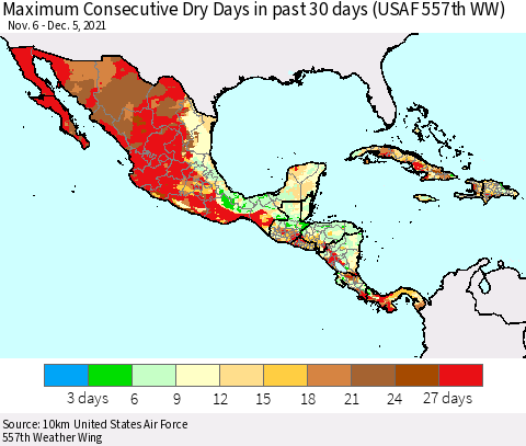 Mexico Central America and the Caribbean Maximum Consecutive Dry Days in past 30 days (USAF 557th WW) 12/05/2021 Thematic Map For 12/1/2021 - 12/5/2021