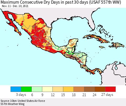 Mexico Central America and the Caribbean Maximum Consecutive Dry Days in past 30 days (USAF 557th WW) 12/10/2021 Thematic Map For 12/6/2021 - 12/10/2021