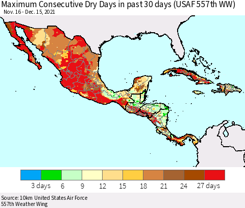 Mexico Central America and the Caribbean Maximum Consecutive Dry Days in past 30 days (USAF 557th WW) 12/15/2021 Thematic Map For 12/11/2021 - 12/15/2021