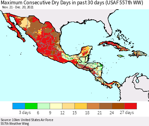 Mexico Central America and the Caribbean Maximum Consecutive Dry Days in past 30 days (USAF 557th WW) Thematic Map For 12/16/2021 - 12/20/2021