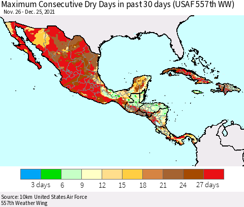 Mexico Central America and the Caribbean Maximum Consecutive Dry Days in past 30 days (USAF 557th WW) 12/25/2021 Thematic Map For 12/21/2021 - 12/25/2021