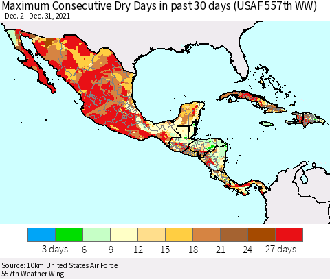 Mexico Central America and the Caribbean Maximum Consecutive Dry Days in past 30 days (USAF 557th WW) 12/31/2021 Thematic Map For 12/26/2021 - 12/31/2021