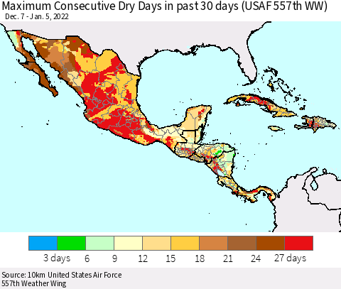 Mexico Central America and the Caribbean Maximum Consecutive Dry Days in past 30 days (USAF 557th WW) 01/05/2022 Thematic Map For 1/1/2022 - 1/5/2022