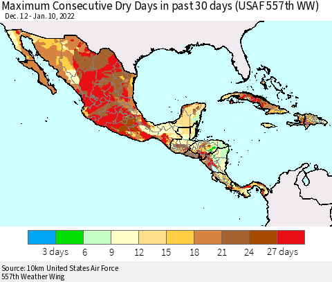 Mexico Central America and the Caribbean Maximum Consecutive Dry Days in past 30 days (USAF 557th WW) 01/10/2022 Thematic Map For 1/6/2022 - 1/10/2022