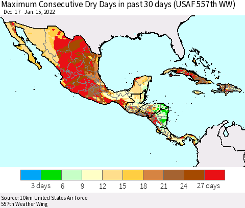 Mexico Central America and the Caribbean Maximum Consecutive Dry Days in past 30 days (USAF 557th WW) 01/15/2022 Thematic Map For 1/11/2022 - 1/15/2022