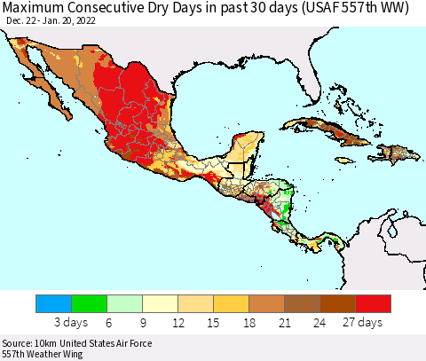 Mexico Central America and the Caribbean Maximum Consecutive Dry Days in past 30 days (USAF 557th WW) 01/20/2022 Thematic Map For 1/16/2022 - 1/20/2022
