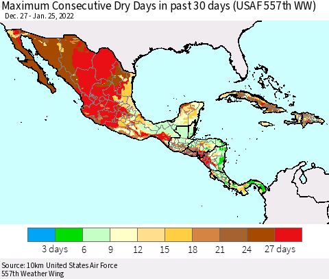 Mexico Central America and the Caribbean Maximum Consecutive Dry Days in past 30 days (USAF 557th WW) 01/25/2022 Thematic Map For 1/21/2022 - 1/25/2022