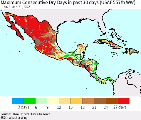 Mexico Central America and the Caribbean Maximum Consecutive Dry Days in past 30 days (USAF 557th WW) 01/31/2022 Thematic Map For 1/26/2022 - 1/31/2022