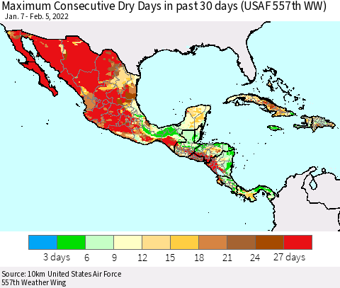Mexico Central America and the Caribbean Maximum Consecutive Dry Days in past 30 days (USAF 557th WW) 02/05/2022 Thematic Map For 2/1/2022 - 2/5/2022