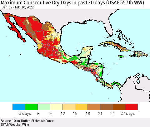 Mexico Central America and the Caribbean Maximum Consecutive Dry Days in past 30 days (USAF 557th WW) 02/10/2022 Thematic Map For 2/6/2022 - 2/10/2022