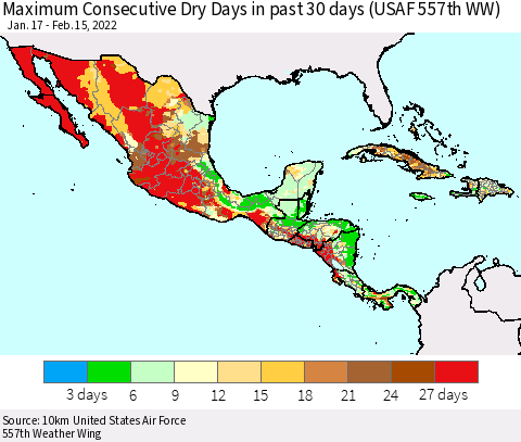 Mexico Central America and the Caribbean Maximum Consecutive Dry Days in past 30 days (USAF 557th WW) 02/15/2022 Thematic Map For 2/11/2022 - 2/15/2022