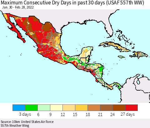 Mexico Central America and the Caribbean Maximum Consecutive Dry Days in past 30 days (USAF 557th WW) Thematic Map For 2/26/2022 - 2/28/2022
