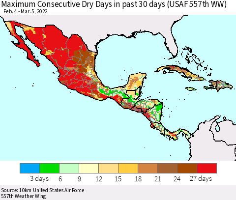 Mexico Central America and the Caribbean Maximum Consecutive Dry Days in past 30 days (USAF 557th WW) 03/05/2022 Thematic Map For 3/1/2022 - 3/5/2022