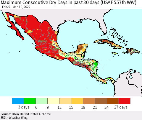 Mexico Central America and the Caribbean Maximum Consecutive Dry Days in past 30 days (USAF 557th WW) 03/10/2022 Thematic Map For 3/6/2022 - 3/10/2022