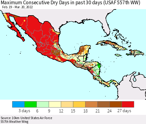 Mexico Central America and the Caribbean Maximum Consecutive Dry Days in past 30 days (USAF 557th WW) 03/20/2022 Thematic Map For 3/16/2022 - 3/20/2022