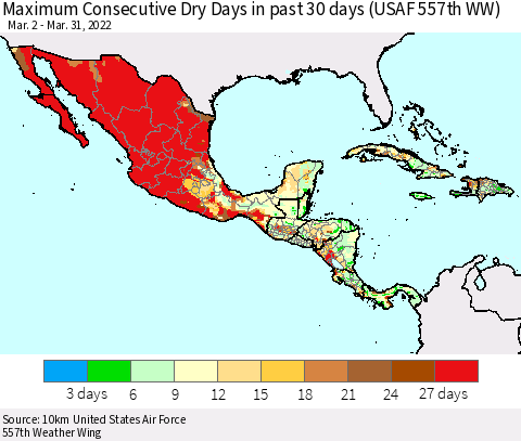 Mexico Central America and the Caribbean Maximum Consecutive Dry Days in past 30 days (USAF 557th WW) 03/31/2022 Thematic Map For 3/26/2022 - 3/31/2022