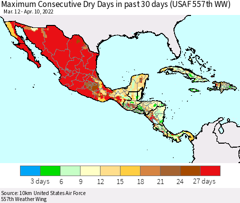 Mexico Central America and the Caribbean Maximum Consecutive Dry Days in past 30 days (USAF 557th WW) 04/10/2022 Thematic Map For 4/6/2022 - 4/10/2022