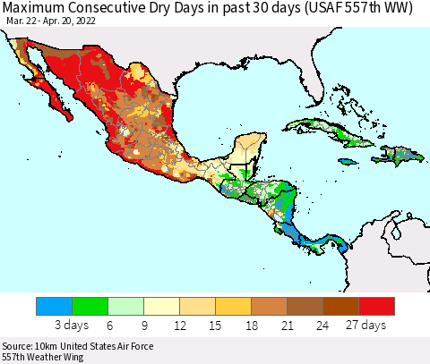 Mexico Central America and the Caribbean Maximum Consecutive Dry Days in past 30 days (USAF 557th WW) 04/20/2022 Thematic Map For 4/16/2022 - 4/20/2022