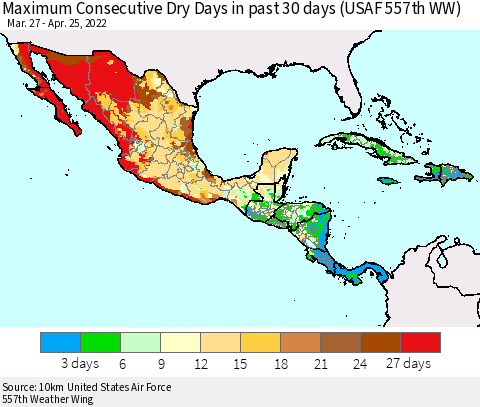 Mexico Central America and the Caribbean Maximum Consecutive Dry Days in past 30 days (USAF 557th WW) 04/25/2022 Thematic Map For 4/21/2022 - 4/25/2022