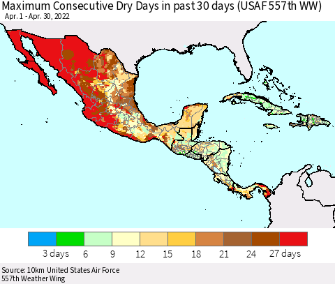 Mexico Central America and the Caribbean Maximum Consecutive Dry Days in past 30 days (USAF 557th WW) 04/30/2022 Thematic Map For 4/26/2022 - 4/30/2022