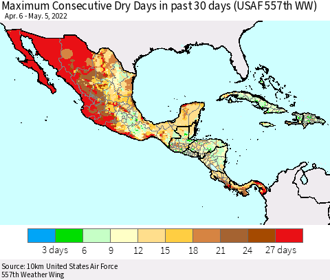 Mexico Central America and the Caribbean Maximum Consecutive Dry Days in past 30 days (USAF 557th WW) 05/05/2022 Thematic Map For 5/1/2022 - 5/5/2022