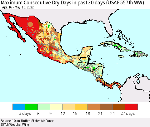 Mexico Central America and the Caribbean Maximum Consecutive Dry Days in past 30 days (USAF 557th WW) 05/15/2022 Thematic Map For 5/11/2022 - 5/15/2022