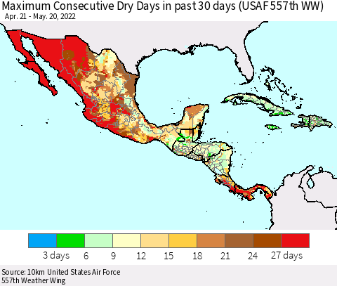 Mexico Central America and the Caribbean Maximum Consecutive Dry Days in past 30 days (USAF 557th WW) 05/20/2022 Thematic Map For 5/16/2022 - 5/20/2022