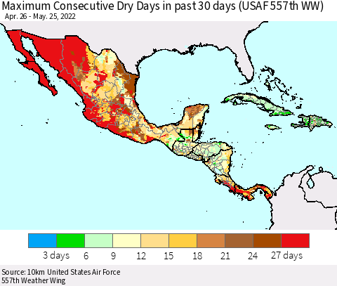 Mexico Central America and the Caribbean Maximum Consecutive Dry Days in past 30 days (USAF 557th WW) 05/25/2022 Thematic Map For 5/21/2022 - 5/25/2022