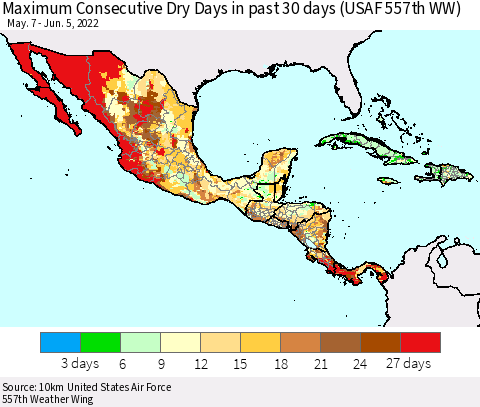 Mexico Central America and the Caribbean Maximum Consecutive Dry Days in past 30 days (USAF 557th WW) 06/05/2022 Thematic Map For 6/1/2022 - 6/5/2022