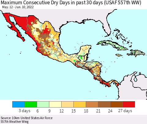Mexico Central America and the Caribbean Maximum Consecutive Dry Days in past 30 days (USAF 557th WW) 06/10/2022 Thematic Map For 6/6/2022 - 6/10/2022